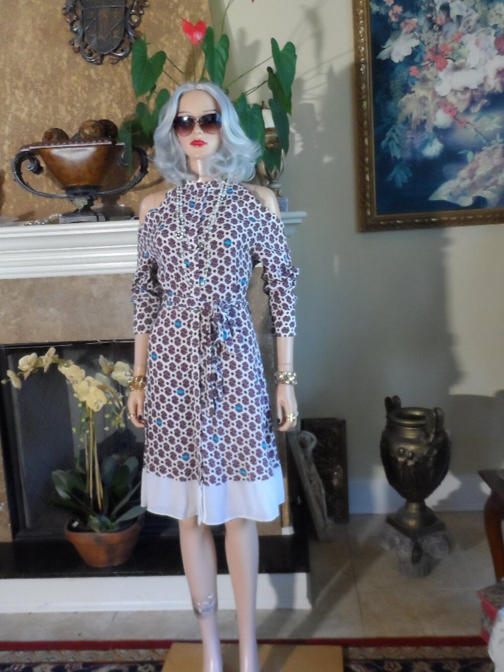 New Maje Ivory Burgundy Print Cold Shoulder Belted Midi Shirt Dress Size S